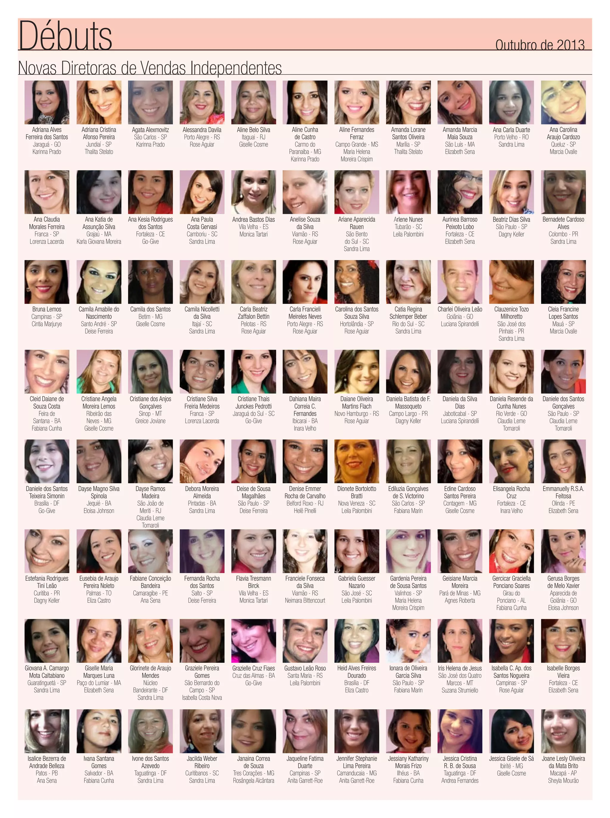 Débuts

Outubro de 2013

Novas Diretoras de Vendas Independentes

Adriana Alves
Ferreira dos Santos
Jaraguá - GO
Karinna Prado

Adriana Cristina
Afonso Pereira
Jundiaí - SP
Thalita Stelato

Agata Alexmovitz
São Carlos - SP
Karinna Prado

Alessandra Davila
Porto Alegre - RS
Rose Aguiar

Aline Belo Silva
Itaguai - RJ
Giselle Cosme

Aline Cunha
de Castro
Carmo do
Paranaiba - MG
Karinna Prado

Aline Fernandes
Ferraz
Campo Grande - MS
Maria Helena
Moreira Crispim

Amanda Lorane
Santos Oliveira
Marília - SP
Thalita Stelato

Amanda Marcia
Maia Souza
São Luís - MA
Elizabeth Sena

Ana Carla Duarte
Porto Velho - RO
Sandra Lima

Ana Carolina
Araujo Cardozo
Queluz - SP
Marcia Ovalle

Ana Claudia
Morales Ferreira
Franca - SP
Lorenza Lacerda

Ana Katia de
Assunção Silva
Grajaú - MA
Karla Giovana Moreira

Ana Kesia Rodrigues
dos Santos
Fortaleza - CE
Go-Give

Ana Paula
Costa Gervasi
Camboriu - SC
Sandra Lima

Andrea Bastos Dias
Vila Velha - ES
Monica Tartari

Anelise Souza
da Silva
Viamão - RS
Rose Aguiar

Ariane Aparecida
Rauen
São Bento
do Sul - SC
Sandra Lima

Arlene Nunes
Tubarão - SC
Leila Palombini

Aurinea Barroso
Peixoto Lobo
Fortaleza - CE
Elizabeth Sena

Beatriz Dias Silva
São Paulo - SP
Dagny Keller

Bernadete Cardoso
Alves
Colombo - PR
Sandra Lima

Bruna Lemos
Campinas - SP
Cintia Marjurye

Camila Amabile do
Nascimento
Santo André - SP
Deise Ferreira

Camila dos Santos
Betim - MG
Giselle Cosme

Camila Nicolletti
da Silva
Itajaí - SC
Sandra Lima

Carla Beatriz
Zaffalon Bettin
Pelotas - RS
Rose Aguiar

Carla Francieli
Meireles Neves
Porto Alegre - RS
Rose Aguiar

Carolina dos Santos
Souza Silva
Hortolândia - SP
Rose Aguiar

Catia Regina
Schlemper Beber
Rio do Sul - SC
Sandra Lima

Charlei Oliveira Leão
Goiânia - GO
Luciana Spirandelli

Clauzenice Tozo
Milhoretto
São José dos
Pinhais - PR
Sandra Lima

Cleia Francine
Lopes Santos
Mauá - SP
Marcia Ovalle

Cleid Daiane de
Souza Costa
Feira de
Santana - BA
Fabiana Cunha

Cristiane Angela
Moreira Lemos
Ribeirão das
Neves - MG
Giselle Cosme

Cristiane dos Anjos
Gonçalves
Sinop - MT
Greice Joviane

Cristiane Silva
Freiria Medeiros
Franca - SP
Lorenza Lacerda

Cristiane Thais
Junckes Pedrotti
Jaraguá do Sul - SC
Go-Give

Dahiana Maira
Correia C.
Fernandes
Ibicarai - BA
Inara Velho

Daiane Oliveira
Martins Flach
Novo Hamburgo - RS
Rose Aguiar

Daniela Batista de F.
Massoqueto
Campo Largo - PR
Dagny Keller

Daniela da Silva
Dias
Jaboticabal - SP
Luciana Spirandelli

Daniela Resende da
Cunha Nunes
Rio Verde - GO
Claudia Leme
Tomaroli

Daniele dos Santos
Gonçalves
São Paulo - SP
Claudia Leme
Tomaroli

Daniele dos Santos
Teixeira Simonin
Brasília - DF
Go-Give

Dayse Magno Silva
Spinola
Jequié - BA
Eloisa Johnson

Dayse Ramos
Madeira
São João de
Meriti - RJ
Claudia Leme
Tomaroli

Debora Moreira
Almeida
Pintadas - BA
Sandra Lima

Deise de Sousa
Magalhães
São Paulo - SP
Deise Ferreira

Denise Emmer
Rocha de Carvalho
Belford Roxo - RJ
Helê Pinelli

Dionete Bortolotto
Bratti
Nova Veneza - SC
Leila Palombini

Ediluzia Gonçalves
de S. Victorino
São Carlos - SP
Fabiana Marin

Edine Cardoso
Santos Pereira
Contagem - MG
Giselle Cosme

Elisangela Rocha
Cruz
Fortaleza - CE
Inara Velho

Emmanuelly R.S.A.
Feitosa
Olinda - PE
Elizabeth Sena

Estefania Rodrigues
Tini Leão
Curitiba - PR
Dagny Keller

Eusebia de Araujo
Pereira Noleto
Palmas - TO
Eliza Castro

Fabiane Conceição
Bandeira
Camaragibe - PE
Ana Sena

Fernanda Rocha
dos Santos
Salto - SP
Deise Ferreira

Flavia Tresmann
Birck
Vila Velha - ES
Monica Tartari

Franciele Fonseca
da Silva
Viamão - RS
Neimara Bittencourt

Gabriela Guesser
Nazario
São José - SC
Leila Palombini

Gardenia Pereira
de Sousa Santos
Valinhos - SP
Maria Helena
Moreira Crispim

Geisiane Marcia
Moreira
Pará de Minas - MG
Agnes Roberta

Gercicar Graciella
Ponciano Soares
Girau do
Ponciano - AL
Fabiana Cunha

Gerusa Borges
de Melo Xavier
Aparecida de
Goiânia - GO
Eloisa Johnson

Giovana A. Camargo
Mota Caltabiano
Guaratinguetá - SP
Sandra Lima

Giselle Maria
Marques Luna
Paço do Lumiar - MA
Elizabeth Sena

Glorinete de Araujo
Mendes
Núcleo
Bandeirante - DF
Sandra Lima

Graziele Pereira
Gomes
São Bernardo do
Campo - SP
Isabella Costa Nova

Grazielle Cruz Fiaes
Cruz das Almas - BA
Go-Give

Gustavo Leão Roso
Santa Maria - RS
Leila Palombini

Heid Alves Freires
Dourado
Brasília - DF
Eliza Castro

Ionara de Oliveira
Garcia Silva
São Paulo - SP
Fabiana Marin

Iris Helena de Jesus
São José dos Quatro
Marcos - MT
Suzana Strumiello

Isabella C. Ap. dos
Santos Nogueira
Campinas - SP
Rose Aguiar

Isabelle Borges
Vieira
Fortaleza - CE
Elizabeth Sena

Isalice Bezerra de
Andrade Belleza
Patos - PB
Ana Sena

Ivana Santana
Gomes
Salvador - BA
Fabiana Cunha

Ivone dos Santos
Azevedo
Taguatinga - DF
Sandra Lima

Jacilda Weber
Ribeiro
Curitibanos - SC
Sandra Lima

Janaina Correa
de Souza
Tres Corações - MG
Rosângela Alcântara

Jaqueline Fatima
Duarte
Campinas - SP
Anita Garrett-Roe

Jennifer Stephanie
Lima Pereira
Camanducaia - MG
Anita Garrett-Roe

Jessiany Kathariny
Morais Frizo
Ilhéus - BA
Fabiana Cunha

Jessica Cristina
R. B. de Sousa
Taguatinga - DF
Andrea Fernandes

Jessica Gisele de Sá
Ibirité - MG
Giselle Cosme

Joane Lesly Oliveira
da Mata Brito
Macapá - AP
Sheyla Mourão

 