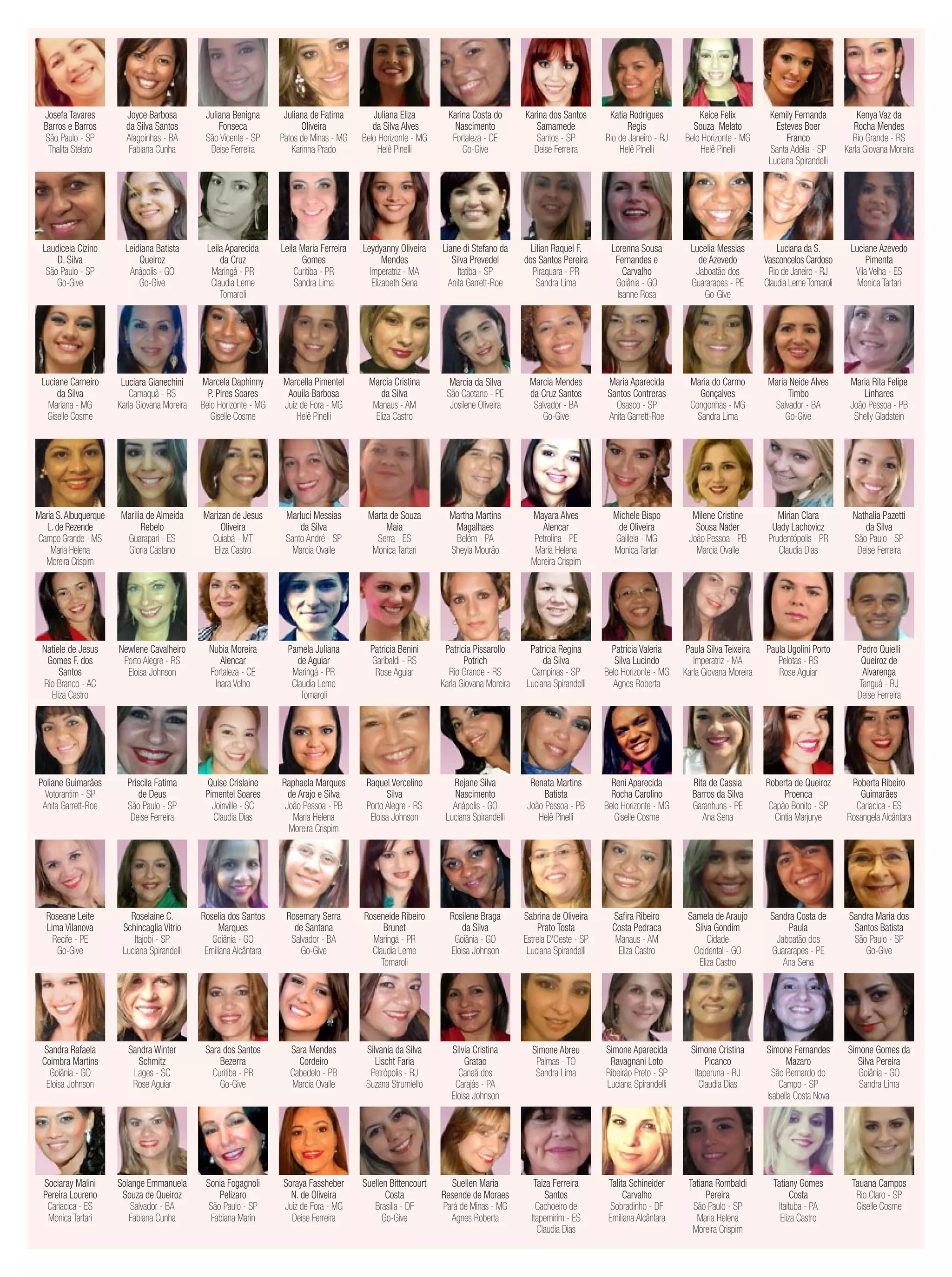 Josefa Tavares
Barros e Barros
São Paulo - SP
Thalita Stelato

Joyce Barbosa
da Silva Santos
Alagoinhas - BA
Fabiana Cunha

Juliana Benigna
Fonseca
São Vicente - SP
Deise Ferreira

Juliana de Fatima
Oliveira
Patos de Minas - MG
Karinna Prado

Juliana Eliza
da Silva Alves
Belo Horizonte - MG
Helê Pinelli

Karina Costa do
Nascimento
Fortaleza - CE
Go-Give

Karina dos Santos
Samamede
Santos - SP
Deise Ferreira

Katia Rodrigues
Regis
Rio de Janeiro - RJ
Helê Pinelli

Keice Felix
Souza Melato
Belo Horizonte - MG
Helê Pinelli

Kemily Fernanda
Esteves Boer
Franco
Santa Adélia - SP
Luciana Spirandelli

Kenya Vaz da
Rocha Mendes
Rio Grande - RS
Karla Giovana Moreira

Laudiceia Cizino
D. Silva
São Paulo - SP
Go-Give

Leidiana Batista
Queiroz
Anápolis - GO
Go-Give

Leila Aparecida
da Cruz
Maringá - PR
Claudia Leme
Tomaroli

Leila Maria Ferreira
Gomes
Curitiba - PR
Sandra Lima

Leydyanny Oliveira
Mendes
Imperatriz - MA
Elizabeth Sena

Liane di Stefano da
Silva Prevedel
Itatiba - SP
Anita Garrett-Roe

Lilian Raquel F.
dos Santos Pereira
Piraquara - PR
Sandra Lima

Lorenna Sousa
Fernandes e
Carvalho
Goiânia - GO
Isanne Rosa

Lucelia Messias
de Azevedo
Jaboatão dos
Guararapes - PE
Go-Give

Luciana da S.
Vasconcelos Cardoso
Rio de Janeiro - RJ
Claudia Leme Tomaroli

Luciane Azevedo
Pimenta
Vila Velha - ES
Monica Tartari

Luciane Carneiro
da Silva
Mariana - MG
Giselle Cosme

Luciara Gianechini
Camaquã - RS
Karla Giovana Moreira

Marcela Daphinny
P. Pires Soares
Belo Horizonte - MG
Giselle Cosme

Marcella Pimentel
Aouila Barbosa
Juiz de Fora - MG
Helê Pinelli

Marcia Cristina
da Silva
Manaus - AM
Eliza Castro

Marcia da Silva
São Caetano - PE
Josilene Oliveira

Marcia Mendes
da Cruz Santos
Salvador - BA
Go-Give

Maria Aparecida
Santos Contreras
Osasco - SP
Anita Garrett-Roe

Maria do Carmo
Gonçalves
Congonhas - MG
Sandra Lima

Maria Neide Alves
Timbo
Salvador - BA
Go-Give

Maria Rita Felipe
Linhares
João Pessoa - PB
Shelly Gladstein

Maria S. Albuquerque
L. de Rezende
Campo Grande - MS
Maria Helena
Moreira Crispim

Marilia de Almeida
Rebelo
Guarapari - ES
Gloria Castano

Marizan de Jesus
Oliveira
Cuiabá - MT
Eliza Castro

Marluci Messias
da Silva
Santo André - SP
Marcia Ovalle

Marta de Souza
Maia
Serra - ES
Monica Tartari

Martha Martins
Magalhaes
Belém - PA
Sheyla Mourão

Mayara Alves
Alencar
Petrolina - PE
Maria Helena
Moreira Crispim

Michele Bispo
de Oliveira
Galileia - MG
Monica Tartari

Milene Cristine
Sousa Nader
João Pessoa - PB
Marcia Ovalle

Mirian Clara
Uady Lachovicz
Prudentópolis - PR
Claudia Dias

Nathalia Pazetti
da Silva
São Paulo - SP
Deise Ferreira

Natiele de Jesus
Gomes F. dos
Santos
Rio Branco - AC
Eliza Castro

Newlene Cavalheiro
Porto Alegre - RS
Eloisa Johnson

Nubia Moreira
Alencar
Fortaleza - CE
Inara Velho

Pamela Juliana
de Aguiar
Maringá - PR
Claudia Leme
Tomaroli

Patricia Benini
Garibaldi - RS
Rose Aguiar

Patricia Pissarollo
Potrich
Rio Grande - RS
Karla Giovana Moreira

Patricia Regina
da Silva
Campinas - SP
Luciana Spirandelli

Patricia Valeria
Silva Lucindo
Belo Horizonte - MG
Agnes Roberta

Paula Silva Teixeira
Imperatriz - MA
Karla Giovana Moreira

Paula Ugolini Porto
Pelotas - RS
Rose Aguiar

Pedro Quielli
Queiroz de
Alvarenga
Tanguá - RJ
Deise Ferreira

Poliane Guimarães
Votorantim - SP
Anita Garrett-Roe

Priscila Fatima
de Deus
São Paulo - SP
Deise Ferreira

Quise Crislaine
Pimentel Soares
Joinville - SC
Claudia Dias

Raphaela Marques
de Arajo e Silva
João Pessoa - PB
Maria Helena
Moreira Crispim

Raquel Vercelino
Silva
Porto Alegre - RS
Eloisa Johnson

Rejane Silva
Nascimento
Anápolis - GO
Luciana Spirandelli

Renata Martins
Batista
João Pessoa - PB
Helê Pinelli

Reni Aparecida
Rocha Carolino
Belo Horizonte - MG
Giselle Cosme

Rita de Cassia
Barros da Silva
Garanhuns - PE
Ana Sena

Roberta de Queiroz
Proenca
Capão Bonito - SP
Cintia Marjurye

Roberta Ribeiro
Guimarães
Cariacica - ES
Rosangela Alcântara

Roseane Leite
Lima Vilanova
Recife - PE
Go-Give

Roselaine C.
Schincaglia Vitrio
Itajobi - SP
Luciana Spirandelli

Roselia dos Santos
Marques
Goiânia - GO
Emiliana Alcântara

Rosemary Serra
de Santana
Salvador - BA
Go-Give

Roseneide Ribeiro
Brunet
Maringá - PR
Claudia Leme
Tomaroli

Rosilene Braga
da Silva
Goiânia - GO
Eloisa Johnson

Sabrina de Oliveira
Prato Tosta
Estrela D‘Oeste - SP
Luciana Spirandelli

Safira Ribeiro
Costa Pedraca
Manaus - AM
Eliza Castro

Samela de Araujo
Silva Gondim
Cidade
Ocidental - GO
Eliza Castro

Sandra Costa de
Paula
Jaboatão dos
Guararapes - PE
Ana Sena

Sandra Maria dos
Santos Batista
São Paulo - SP
Go-Give

Sandra Rafaela
Coimbra Martins
Goiânia - GO
Eloisa Johnson

Sandra Winter
Schmitz
Lages - SC
Rose Aguiar

Sara dos Santos
Bezerra
Curitiba - PR
Go-Give

Sara Mendes
Cordeiro
Cabedelo - PB
Marcia Ovalle

Silvania da Silva
Lischt Faria
Petrópolis - RJ
Suzana Strumiello

Silvia Cristina
Gratao
Canaã dos
Carajás - PA
Eloisa Johnson

Simone Abreu
Palmas - TO
Sandra Lima

Simone Aparecida
Ravagnani Loto
Ribeirão Preto - SP
Luciana Spirandelli

Simone Cristina
Picanco
Itaperuna - RJ
Claudia Dias

Simone Fernandes
Mazaro
São Bernardo do
Campo - SP
Isabella Costa Nova

Simone Gomes da
Silva Pereira
Goiânia - GO
Sandra Lima

Sociaray Malini
Pereira Loureno
Cariacica - ES
Monica Tartari

Solange Emmanuela
Souza de Queiroz
Salvador - BA
Fabiana Cunha

Sonia Fogagnoli
Pelizaro
São Paulo - SP
Fabiana Marin

Soraya Fassheber
N. de Oliveira
Juiz de Fora - MG
Deise Ferreira

Suellen Bittencourt
Costa
Brasilia - DF
Go-Give

Suellen Maria
Resende de Moraes
Pará de Minas - MG
Agnes Roberta

Taiza Ferreira
Santos
Cachoeiro de
Itapemirim - ES
Claudia Dias

Talita Schineider
Carvalho
Sobradinho - DF
Emiliana Alcântara

Tatiana Rombaldi
Pereira
São Paulo - SP
Maria Helena
Moreira Crispim

Tatiany Gomes
Costa
Itaituba - PA
Eliza Castro

Tauana Campos
Rio Claro - SP
Giselle Cosme

 