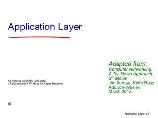 Application Layer 2-1
Application Layer
Adapted from:
Computer Networking:
A Top Down Approach
6th edition
Jim Kurose, Keith Ross
Addison-Wesley
March 2012
All material copyright 1996-2012
J.F Kurose and K.W. Ross, All Rights Reserved
 