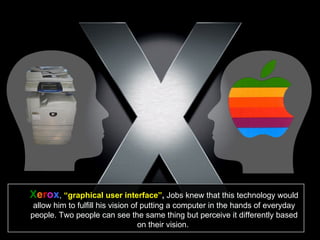 X e r o x ,  “graphical user interface” ,  Jobs knew that this technology would allow him to fulfill his vision of putting a computer in the hands of everyday people. Two people can see the same thing but perceive it differently based on their vision.  