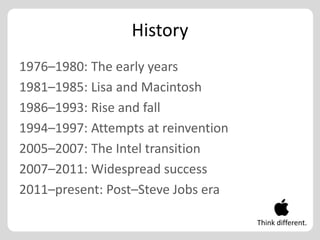 History
1976–1980: The early years
1981–1985: Lisa and Macintosh
1986–1993: Rise and fall
1994–1997: Attempts at reinvention
2005–2007: The Intel transition
2007–2011: Widespread success
2011–present: Post–Steve Jobs era

                                     Think different.
 