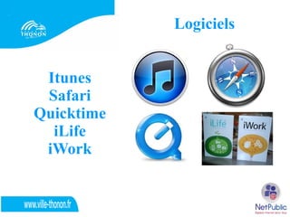Logiciels


 Itunes
 Safari
Quicktime
  iLife
 iWork
 