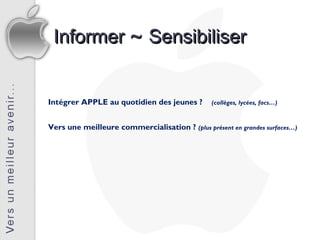 Informer ~ Sensibiliser


Intégrer APPLE au quotidien des jeunes ?        (collèges, lycées, facs…)



Vers une meilleure commercialisation ? (plus présent en grandes surfaces…)
 