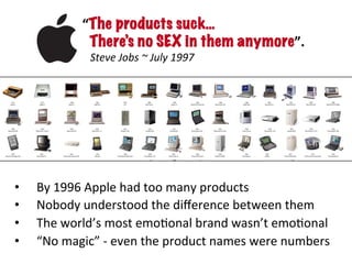 •  By	
  1996	
  Apple	
  had	
  too	
  many	
  products	
  
•  Nobody	
  understood	
  the	
  diﬀerence	
  between	
  them	
  
•  The	
  world’s	
  most	
  emoJonal	
  brand	
  wasn’t	
  emoJonal	
  
•  “No	
  magic”	
  -­‐	
  even	
  the	
  product	
  names	
  were	
  numbers	
  
“The products suck…
There’s no SEX in them anymore”.	
  
	
  	
  	
  Steve	
  Jobs	
  ~	
  July	
  1997	
  
 