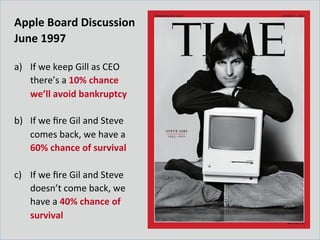 Apple	
  Board	
  Discussion	
  
June	
  1997	
  
	
  
a)  If	
  we	
  keep	
  Gill	
  as	
  CEO	
  
there’s	
  a	
  10%	
  chance	
  
we’ll	
  avoid	
  bankruptcy	
  
b)  If	
  we	
  ﬁre	
  Gil	
  and	
  Steve	
  
comes	
  back,	
  we	
  have	
  a	
  
60%	
  chance	
  of	
  survival	
  
c)  If	
  we	
  ﬁre	
  Gil	
  and	
  Steve	
  
doesn’t	
  come	
  back,	
  we	
  
have	
  a	
  40%	
  chance	
  of	
  
survival	
  
 