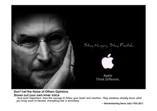 Don’t Let the Noise of Others Opinions.
Drown out your own inner voice
And must important, have the caurage to follow your heart and intuition. They somehow already know what
you truly want to become. Everything else is secondary.
– Remembering Steve Jobs 1955-2011

 