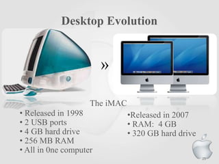 Desktop Evolution
»
The iMAC
• Released in 1998
• 2 USB ports
• 4 GB hard drive
• 256 MB RAM
• All in 0ne computer
•Released in 2007
• RAM: 4 GB
• 320 GB hard drive
25
 