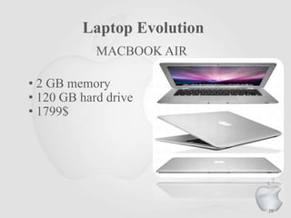 Laptop Evolution
MACBOOK AIR
• 2 GB memory
• 120 GB hard drive
• 1799$

26

 