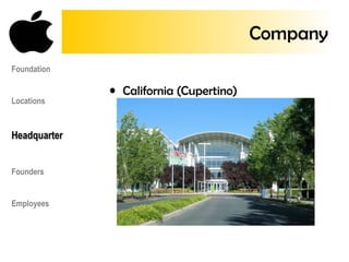 • California (Cupertino)
Foundation
Locations
HeadquarterHeadquarter
Founders
Employees
Company
 