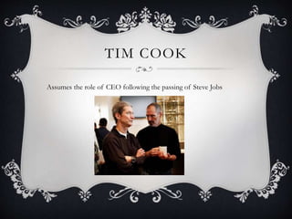 TIM COOK
Assumes the role of CEO following the passing of Steve Jobs
 