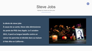 24
Steve Jobs
Highlight sur histoire de Steve jobs
le	
  décés	
  de	
  steve	
  jobs
À	
  cause	
  de	
  sa	
  santé,	
  Steve	
  Jobs	
  démissionne	
  
du	
  poste	
  de	
  PDG	
  chez	
  Apple.	
  Le	
  5	
  octobre	
  
2011,	
  il	
  perd	
  sa	
  longue	
  bataille	
  contre	
  un	
  
cancer	
  du	
  pancréas	
  et	
  décède	
  dans	
  sa	
  maison	
  
à	
  Palo	
  Alto	
  en	
  Californie	
  .
 