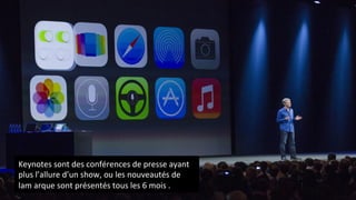Keynotes	
  sont	
  des	
  conférences	
  de	
  presse	
  ayant	
  
plus	
  l’allure	
  d’un	
  show,	
  ou	
  les	
  nouveautés	
  de	
  
lam	
  arque	
  sont	
  présentés	
  tous	
  les	
  6	
  mois	
  .	
  
 