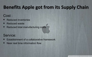 Benefits Apple got from its Supply Chain
Cost :
 Reduced inventories
 Reduced waste
 Reduced total manufacturing costs
Service:
 Establishment of a collaborative framework
 Near real time information flow
 