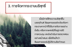 3. การจัดหากระดาษบริสุทธิ์
เมื่อมีการใชกระดาษบริสุทธิ์ใน
บรรจุภัณฑ ซัพพลายเออรจะตองจัดหา
กระดาษจากปาที่ไดรับการจัดการอยาง
ยั่งยืน หรือจากแหลงไมที่อยูภายใต
การควบคุม และยังดําเนินการตรวจสอบ
อยางสม่ําเสมอ เพื่อใหแนใจวา
ซัพพลายเออรปฏิบัติตามขอกําหนด
 