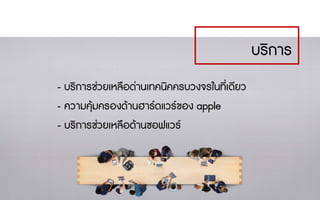 - บริการชวยเหลือดานเทคนิคครบวงจรในที่เดียว
- ความคุมครองดานฮารดแวรของ apple
- บริการชวยเหลือดานซอฟแวร
บริการ
 