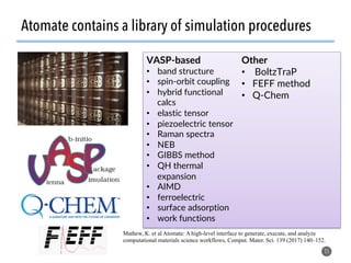 Atomate contains a library of simulation procedures
25
VASP-based
•  band structure
•  spin-orbit coupling
•  hybrid functional
calcs
•  elastic tensor
•  piezoelectric tensor
•  Raman spectra
•  NEB
•  GIBBS method
•  QH thermal
expansion
•  AIMD
•  ferroelectric
•  surface adsorption
•  work functions
Other
•  BoltzTraP
•  FEFF method
•  Q-Chem
Mathew, K. et al Atomate: A high-level interface to generate, execute, and analyze
computational materials science workflows, Comput. Mater. Sci. 139 (2017) 140–152.
 