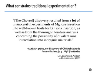 What constrains traditional experimentation?
3
“[The Chevrel] discovery resulted from a lot of
unsuccessful experiments of Mg ions insertion
into well-known hosts for Li+ ions insertion, as
well as from the thorough literature analysis
concerning the possibility of divalent ions
intercalation into inorganic materials.”
-Aurbach group, on discovery of Chevrel cathode
for multivalent (e.g., Mg2+) batteries
Levi, Levi, Chasid, Aurbach
J. Electroceramics (2009)
 