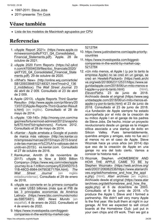 15/10/22, 23:39 Apple - Wikipedia, la enciclopedia libre
https://es.wikipedia.org/wiki/Apple 24/29
1997-2011: Steve Jobs
2011-presente: Tim Cook
Lista de los modelos de Macintosh agrupados por CPU
1. «Apple Report 2021» (https://www.apple.co
m/newsroom/pdfs/FY21_Q4_Consolidated_
Financial_Statements.pdf). Apple. 28 de
octubre de 2021.
2. «Apple 2020 Form Report» (https://s2.q4cd
n.com/470004039/files/doc_financials/2020/
q4/FY20_Q4_Consolidated_Financial_State
ments.pdf). 29 de octubre de 2020.
3. «What's New» (http://online.wsj.com/article/
SB120933848102148321.html?mod=2_136
2_middlebox). The Wall Street Journal. 23
de abril de 2 009. Consultado el 23 de abril
de 2 009.
4. Apple (2013). «Apple Reports Third Quarter
Results» (http://www.apple.com/pr/library/20
13/07/23Apple-Reports-Third-Quarter-Result
s.html) (en inglés). Consultado el 28 de
mayo de 2014.
5. «Apple: 139-140» (http://money.cnn.com/ma
gazines/fortune/most-admired/2012/snapsho
ts/670.html?iid=splwinners). Fortune. 2012.
Consultado el 28 de mayo de 2014.
6. «Kantar - Apple arrebata a Google el puesto
de marca más valiosa» (http://es.kantar.co
m/empresas/marcas/2015/mayo-2015-brand
z-de-las-marcas-m%C3%A1s-valiosas-del-m
undo-en-2015/). es.kantar.com. Consultado
el 27 de octubre de 2016.
7. Ramkumar, Amrith (8 de noviembre de
2017). «Apple Is Now a $900 Billion
Company» (https://www.wsj.com/video/apple
-journey-to-a-1-trillion-company/E2045D70-5
11B-48CD-8984-047953E7178A.html). The
Wall Street Journal (en inglés
estadounidense). Consultado el 29 de enero
de 2018.
8. «Apple se convierte en la primera compañía
en valer US$3 billones (más que el PIB de
las 3 principales economías de América
Latina)» (https://www.bbc.com/mundo/notici
as-59870481). BBC News Mundo (en
español). 4 de enero de 2022. Consultado el
4 de enero de 2022.
9. https://www.investopedia.com/biggest-
companies-in-the-world-by-market-cap-
5212784
10. https://www.justinobeirne.com/apple-priority-
countries
11. https://www.investopedia.com/biggest-
companies-in-the-world-by-market-cap-
5212784
12. «Un mito menos, el Apple I (y por lo tanto la
empresa Apple) no se creó en un garaje, se
creó en Hewlett-Packard» (https://web.archi
ve.org/web/20180623112531/https://www.se
guridadapple.com/2018/06/un-mito-menos-e
l-apple-i-y-por-lo-tanto.html) (html).
ElevenPaths. 23 de junio de 2018.
Archivado desde el original (https://www.seg
uridadapple.com/2018/06/un-mito-menos-el-
apple-i-y-por-lo-tanto.html) el 23 de junio de
2018. Consultado el 23 de junio de 2018.
«La fundación de Apple siempre ha estado
acompañada por el mito de la creación de
su mítico Apple I en el garaje de los padres
de Steve Jobs. De hecho, iniciar un proyecto
revolucionario desde un garaje es la imagen
idílica asociada a una startup de éxito en
Silicon Valley. Pues lamentablemente,
queridos amigos y amigas, esto no fue así,I
al menos no en el caso de Apple. Steve
Wozniak hace ya unos años (en 2014) dijo
que eso de la creación de Apple en una
garaje no era del todo cierto. Vamos a
conocer la historia real. »
13. Wozniak, Stephen. «HOMEBREW AND
HOW THE APPLE CAME TO BE by
Stephen Wozniak» (https://web.archive.org/
web/20031206062536/https://www.atariarchi
ves.org/deli/homebrew_and_how_the_appl
e.php) (html). Atari archives (en inglés).
Archivado desde el original (https://www.atar
iarchives.org/deli/homebrew_and_how_the_
apple.php) el 6 de diciembre de 2003.
Consultado el 9 de junio de 2018. «To
produce the Apple I, Steve and I formed a
partnership. We didn't sell very many Apple
Is the first year. We built them at night in our
garage. At first we expected to sell circuit
boards at the Homebrew Club: just put in
your own chips and it'll work. Then we got a
Véase también
Referencias
 