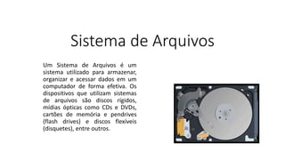 Sistema de Arquivos
Um Sistema de Arquivos é um
sistema utilizado para armazenar,
organizar e acessar dados em um
computador de forma efetiva. Os
dispositivos que utilizam sistemas
de arquivos são discos rígidos,
mídias ópticas como CDs e DVDs,
cartões de memória e pendrives
(flash drives) e discos flexíveis
(disquetes), entre outros.
 