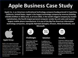 Apple Group
Apple is the largest technology
company by revenue (totaling
US$365.8 billion in 2021) and, as of
June 2022, is the world's biggest
company by market capitalization,
the fourth-largest personal
computer vendor by unit sales and
second-largest mobile phone
manufacturer.
Challenges Solution Results
Technology challenge.
Judging from the
features of the iPhone
4S, Apple's radical
innovation machine
seems to be running
out of steam.
In addition to a
streamlined setup,
Apple Business
Essentials provides a
dedicated iCloud work
account for simple and
secure storage, backup,
and collaboration on
files and documents.
Cupertino, California Apple
today announced financial
results for its fiscal 2023 first
quarter ended December 31,
2022. The Company posted
quarterly revenue of $117.2
billion, down 5 per cent year
over year, and quarterly
earnings per diluted share of
$1.88.
Apple Business Case Study
Apple Inc. is an American multinational technology company headquartered in Cupertino,
California, United States. Apple is the largest technology company by revenue (totaling
US$365.8 billion in 2021) and, as of June 2022, is the world's biggest company by market
capitalization, the fourth-largest personal computer vendor by unit sales and second-
largest mobile phone manufacturer. It is one of the Big Five American information
technology companies, alongside Alphabet (Google), Amazon, Meta (Facebook), and
Microsoft.
 