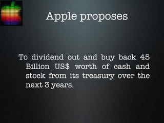 Apple proposes


To dividend out and buy back 45
  Billion US$ worth of cash and
  stock from its treasury over the
  next 3 years.
 