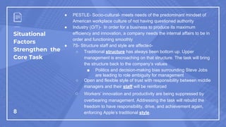 Situational
Factors
Strengthen the
Core Task
8
● PESTLE- Socio-cultural- meets needs of the predominant mindset of
American workplace culture of not having questioned authority
● Industry (O/T)- In order for a business to produce its maximum
efficiency and innovation, a company needs the internal affairs to be in
order and functioning smoothly
● 7S- Structure staff and style are affected-
○ Traditional structure has always been bottom up. Upper
management is encroaching on that structure. The task will bring
the structure back to the company’s values
■ Politics and decision-making bias surrounding Steve Jobs
are leading to role ambiguity for management
○ Open and flexible style of trust with responsibility between middle
managers and their staff will be reinforced
○ Workers’ innovation and productivity are being suppressed by
overbearing management. Addressing the task will rebuild the
freedom to have responsibility, drive, and achievement again,
enforcing Apple’s traditional style.
 