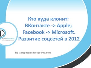 Кто куда клонит:
    ВКонтакте -> Apple;
   Facebook -> Microsoft.
  Развитие соцсетей в 2012

По материалам facebookru.com
 