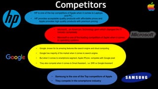 Competitors
• HP is one of the top competitors of Apple when it comes to Laptops
and PC.
• HP provides acceptable quality products with affordable prices and
Apple provides high quality products with premium pricing
• Microsoft , an American Technology giant which changed the IT
industry completely
• Microsoft is one of the leading competitors of Apple when it comes
to operating systems.
• Google ,known for its amazing features like search engine and cloud computing
• Google has majority of the market when it comes to search engine.
• But when it comes to smartphone segment, Apple iPhone competes with Google pixel
• They also compete when it comes to Smart Assistant , i.e. SIRI vs Google Assistant
• Samsung is the one of the Top competitors of Apple
• They compete in the smartphone industry
 
