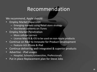 Recommendation
We recommend, Apple should:
• Employ Market Expansion
   – Emerging markets using Retail store strategy
   – Worldwide contents on iTunes
• Employ Market Penetration
   – More cellular carriers
   – License MacOS & iOS to be used on non-Apple products
• Continue on R&D to Innovate for Product Development
   – Feature-rich iPhone & iPad
• Continue delivering well-integrated & superior products
• Advertise - iPad usages
   – Hospital, Schools/Universities, Professionals
• Put in place Replacement plan for Steve Jobs


                                                            33
 