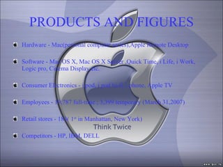 PRODUCTS AND FIGURES Hardware - Mac(personal computer series),Apple Remote Desktop  Software - Mac OS X, Mac OS X Server ,Quick Time, i Life, i Work,  Logic pro, Cinema Display etc. Consumer Electronics - i pod, i pod hi-fi, i phone, Apple TV Employees - 19,787 full-time ; 3,399 temporary (March 31,2007) Retail stores - 183( 1 st  in Manhattan, New York) Competitors - HP, IBM, DELL 