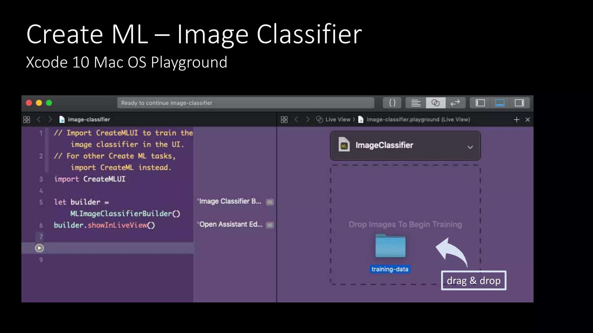 Create ML – Image Classifier
Xcode 10 Mac OS Playground
drag & drop
 