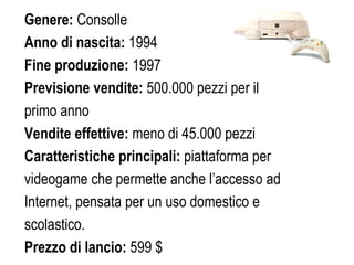 Genere:  Consolle  Anno di nascita:  1994 Fine produzione:  1997 Previsione vendite:  500.000 pezzi per il  primo anno Vendite effettive:  meno di 45.000 pezzi Caratteristiche principali:  piattaforma per  videogame che permette anche l’accesso ad  Internet, pensata per un uso domestico e  scolastico.  Prezzo di lancio:  599 $ 
