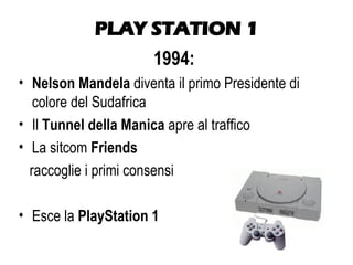 PLAY STATION 1 1994: Nelson Mandela  diventa il primo Presidente di colore del Sudafrica Il  Tunnel della Manica  apre al traffico La sitcom  Friends  raccoglie i primi consensi  Esce la  PlayStation 1   