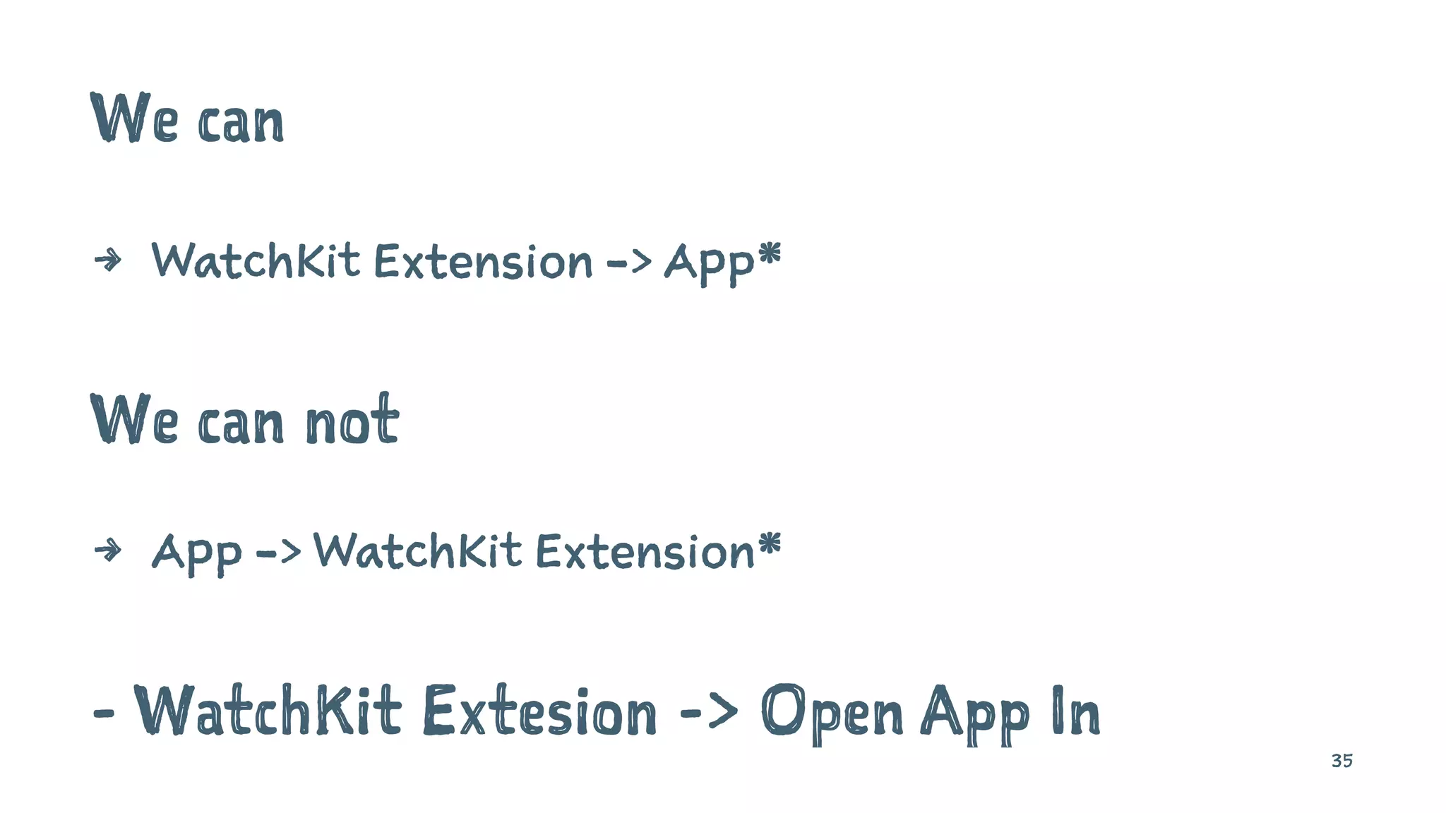 We can
4 WatchKit Extension -> App*
We can not
4 App -> WatchKit Extension*
- WatchKit Extesion -> Open App In 35
 