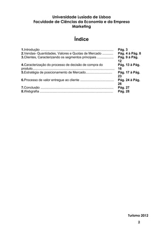 Universidade Lusíada de Lisboa
            Faculdade de Ciências da Economia e da Empresa
                               Marketing


                                                       Índice
1.Introdução ................................................................................       Pág. 3
2.Vendas- Quantidades, Valores e Quotas de Mercado ............                                     Pág. 4 à Pág. 8
3.Clientes, Caracterizando os segmentos principais ..................                               Pág. 9 à Pág.
                                                                                                    12
4.Caracterização do processo de decisão de compra do                                                Pág. 13 à Pág.
produto..........................................................................................   16
5.Estratégia de posicionamento de Mercado.............................                              Pág. 17 à Pág.
                                                                                                    23
6.Processo de valor entregue ao cliente .....................................                       Pág. 24 à Pág.
                                                                                                    26
7.Conclusão ................................................................................        Pág. 27
8.Webgrafia ................................................................................        Pág. 28




                                                                                                          Turismo 2012

                                                                                                                 2
 
