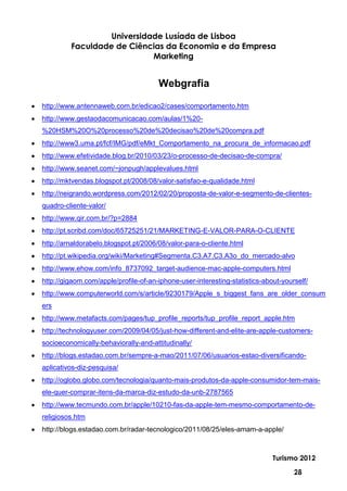Universidade Lusíada de Lisboa
         Faculdade de Ciências da Economia e da Empresa
                            Marketing


                                      Webgrafia

http://www.antennaweb.com.br/edicao2/cases/comportamento.htm
http://www.gestaodacomunicacao.com/aulas/1%20-
%20HSM%20O%20processo%20de%20decisao%20de%20compra.pdf
http://www3.uma.pt/fcf/IMG/pdf/eMkt_Comportamento_na_procura_de_informacao.pdf
http://www.efetividade.blog.br/2010/03/23/o-processo-de-decisao-de-compra/
http://www.seanet.com/~jonpugh/applevalues.html
http://mktvendas.blogspot.pt/2008/08/valor-satisfao-e-qualidade.html
http://neigrando.wordpress.com/2012/02/20/proposta-de-valor-e-segmento-de-clientes-
quadro-cliente-valor/
http://www.qir.com.br/?p=2884
http://pt.scribd.com/doc/65725251/21/MARKETING-E-VALOR-PARA-O-CLIENTE
http://arnaldorabelo.blogspot.pt/2006/08/valor-para-o-cliente.html
http://pt.wikipedia.org/wiki/Marketing#Segmenta.C3.A7.C3.A3o_do_mercado-alvo
http://www.ehow.com/info_8737092_target-audience-mac-apple-computers.html
http://gigaom.com/apple/profile-of-an-iphone-user-interesting-statistics-about-yourself/
http://www.computerworld.com/s/article/9230179/Apple_s_biggest_fans_are_older_consum
ers
http://www.metafacts.com/pages/tup_profile_reports/tup_profile_report_apple.htm
http://technologyuser.com/2009/04/05/just-how-different-and-elite-are-apple-customers-
socioeconomically-behaviorally-and-attitudinally/
http://blogs.estadao.com.br/sempre-a-mao/2011/07/06/usuarios-estao-diversificando-
aplicativos-diz-pesquisa/
http://oglobo.globo.com/tecnologia/quanto-mais-produtos-da-apple-consumidor-tem-mais-
ele-quer-comprar-itens-da-marca-diz-estudo-da-unb-2787565
http://www.tecmundo.com.br/apple/10210-fas-da-apple-tem-mesmo-comportamento-de-
religiosos.htm
http://blogs.estadao.com.br/radar-tecnologico/2011/08/25/eles-amam-a-apple/



                                                                            Turismo 2012

                                                                                   28
 