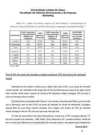 Universidade Lusíada de Lisboa
               Faculdade de Ciências da Economia e da Empresa
                                  Marketing




Com 8.8% da quota de mercado a Apple consegue 73% dos lucros do mercado
móvel


      Apercebe-se ao analisar a tabela que a Apple subiu para 8.8% a sua quota do mercado
móvel mundial. Um resultado ainda longe dos 23.5% da Samsung que assume-se agora como
líder mundial. Ainda assim, apesar de números tão díspares a Apple consegue 73% de todo o
lucro do mercado móvel mundial.

      Os dados foram avançados pela Fortune, num estudo conduzido pela Dediu, que diz ainda
que a Samsung, com os tais 23.5% de quota de mercado na venda de telemóveis, consegue
apenas 26% do lucro desse mesmo mercado. Ora a Apple, com menos de 10% do mercado
móvel consegue mais de 70% do lucro que esse mercado tem.

      O resto da concorrência luta pela sobrevivência, sendo que a HTC consegue apenas 1%
do lucro mundial e as restantes – RIM, Nokia, Sony, Motorola e LG – perdem dinheiro. Tendo de
ter em conta que referimos ao mercado global do mercado móvel e não apenas dos smartphones

                                                                            Turismo 2012

                                                                                   5
 