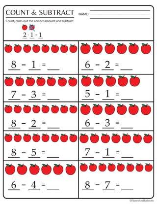 NAME:COUNT & SUBTRACT
Count, cross out the correct amount and subtract.
- =2 1 1
=
=
=
=
- -
-
-
-
-
-
-
-
-
=
=
=
=
= =
©PlanesAndBalloons
8 1
7 3
6 2
5 1
6 3
7 1
8 7
8 2
8 5
6 4
 