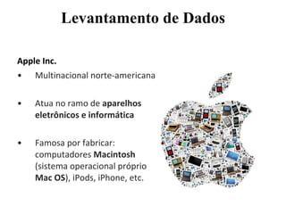 Levantamento de Dados Apple Inc. Multinacional norte-americana  Atua no ramo de  aparelhos eletrônicos e informática Famosa por fabricar: computadores  Macintosh  (sistema operacional próprio  Mac OS ), iPods, iPhone, etc. 