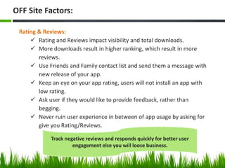 Rating & Reviews:
 Rating and Reviews impact visibility and total downloads.
 More downloads result in higher ranking, which result in more
reviews.
 Use Friends and Family contact list and send them a message with
new release of your app.
 Keep an eye on your app rating, users will not install an app with
low rating.
 Ask user if they would like to provide feedback, rather than
begging.
 Never ruin user experience in between of app usage by asking for
give you Rating/Reviews.
OFF Site Factors:
Track negative reviews and responds quickly for better user
engagement else you will loose business.
 