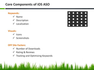 Keywords:
 Name
 Description
 Localization
Visuals:
 Icons
 Screenshots
OFF Site Factors:
 Number of Downloads
 Rating & Reviews
 Tracking and Optimizing Keywords
Core Components of iOS ASO
 