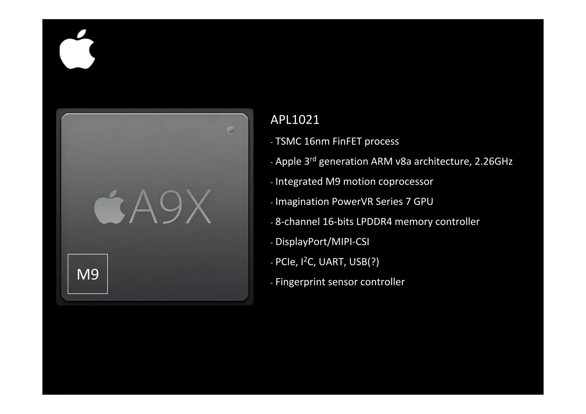 APL1021/343S00074APL1021/343S00074 ‐ TSMC 16nm FinFET process ‐ Apple 3rd generation ARM v8a architecture, 2.26GHzApple 3 generation ARM v8a architecture, 2.26GHz ‐ Integrated M9 motion coprocessor ‐ Imagination PowerVR Series 7 GPU ‐ 8‐channel 16‐bits LPDDR4 memory controller ‐ DisplayPort/MIPI‐CSI CI HSIC I2C UA US (?)‐ PCIe, HSIC, I2C, UART, USB(?) ‐ Fingerprint sensor controller  ‐ 147mm2 M9 147mm 