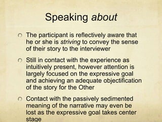 Speaking about
The participant is reflectively aware that
he or she is striving to convey the sense
of their story to the interviewer
Still in contact with the experience as
intuitively present, however attention is
largely focused on the expressive goal
and achieving an adequate objectification
of the story for the Other
Contact with the passively sedimented
meaning of the narrative may even be
lost as the expressive goal takes center
stage
 