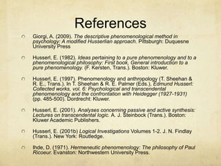 References
Giorgi, A. (2009). The descriptive phenomenological method in
psychology: A modified Husserlian approach. Pittsburgh: Duquesne
University Press
Husserl, E. (1982). Ideas pertaining to a pure phenomenology and to a
phenomenological philosophy: First book, General introduction to a
pure phenomenology. (F. Kersten, Trans.). Boston: Kluwer.
Husserl, E. (1997). Phenomenology and anthropology (T. Sheehan &
R. E., Trans.). In T. Sheehan & R. E. Palmer (Eds.), Edmund Husserl:
Collected works, vol. 6: Psychological and transcendental
phenomenology and the confrontation with Heidegger (1927-1931)
(pp. 485-500). Dordrecht: Kluwer.
Husserl, E. (2001). Analyses concerning passive and active synthesis:
Lectures on transcendental logic. A. J. Steinbock (Trans.). Boston:
Kluwer Academic Publishers.
Husserl, E. (2001b) Logical Investigations Volumes 1-2. J. N. Findlay
(Trans.). New York: Routledge.
Ihde, D. (1971). Hermeneutic phenomenology: The philosophy of Paul
Ricoeur. Evanston: Northwestern University Press.
 