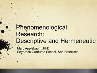 Phenomenological
Research:
Descriptive and Hermeneutic
Marc Applebaum, PhD
Saybrook Graduate School, San Francisco
 