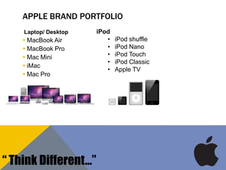 APPLE BRAND PORTFOLIO
Laptop/ Desktop
 MacBook Air
 MacBook Pro
 Mac Mini
 iMac
 Mac Pro
iPod
• iPod shuffle
• iPod Nano
• iPod Touch
• iPod Classic
• Apple TV
“ Think Different…”
 