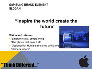 SAMSUNG BRAND ELEMENT
SLOGAN
“inspire the world create the
future”
Vision and mission
 “Smart thinking. Simple living”
 “The phone that does it all”
 “Designed for Humans (Inspired by Nature)”
 “Camera reborn”
“ Think Different…”
 