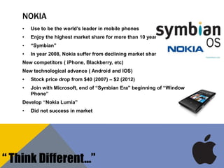 NOKIA
• Use to be the world’s leader in mobile phones
• Enjoy the highest market share for more than 10 years
• “Symbian”
• In year 2008, Nokia suffer from declining market share
New competitors ( iPhone, Blackberry, etc)
New technological advance ( Android and IOS)
• Stock price drop from $40 (2007) – $2 (2012)
• Join with Microsoft, end of “Symbian Era” beginning of “Window
Phone”
Develop “Nokia Lumia”
• Did not success in market
“ Think Different…”
 