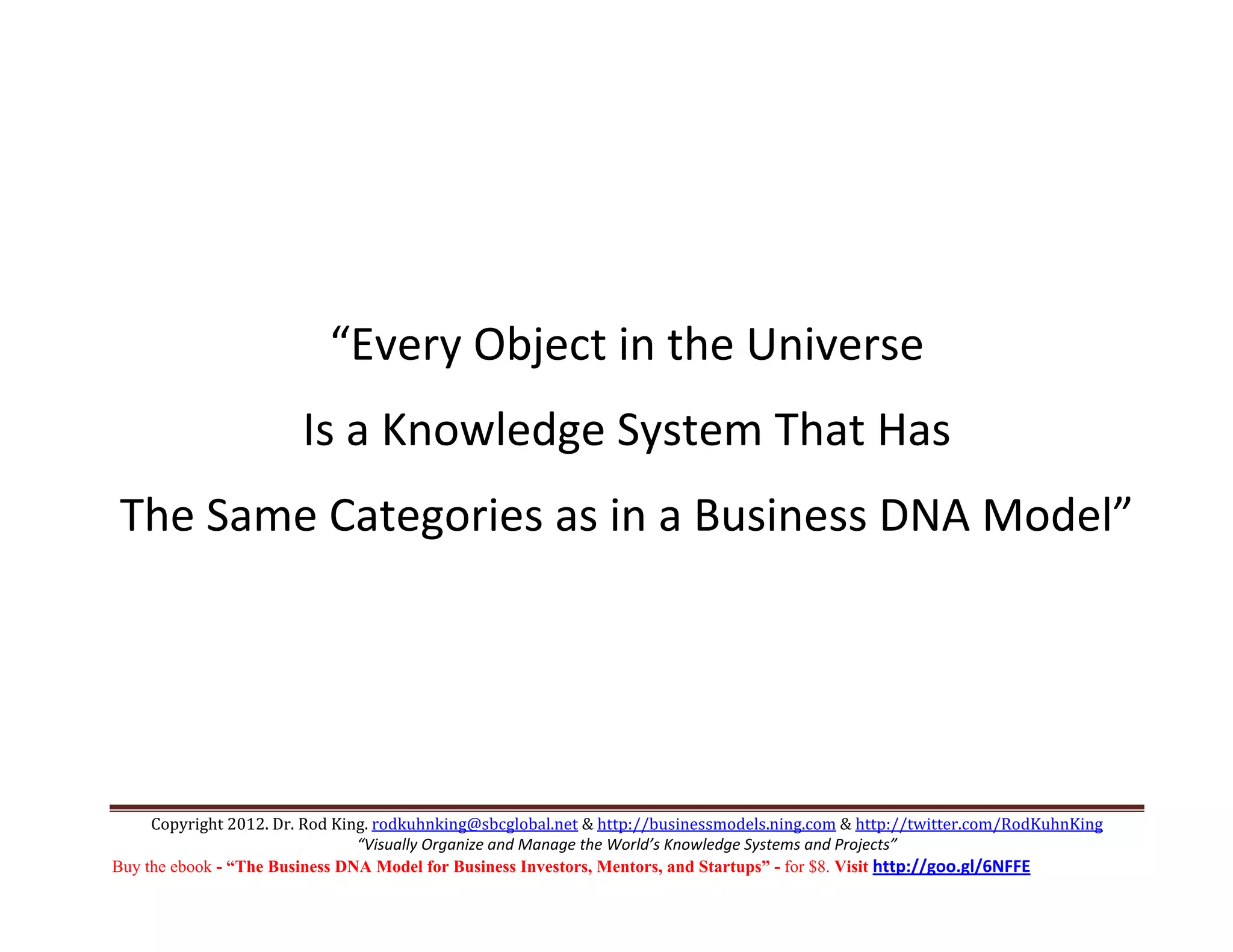  
                                                                  
                                                                  
                           “Every Object in the Universe 
                        Is a Knowledge System That Has 
The Same Categories as in a Business DNA Model” 
                             



     Copyright 2012. Dr. Rod King. rodkuhnking@sbcglobal.net & http://businessmodels.ning.com & http://twitter.com/RodKuhnKing 
                                “Visually Organize and Manage the World’s Knowledge Systems and Projects” 
Buy the ebook - “The Business DNA Model for Business Investors, Mentors, and Startups” - for $8. Visit http://goo.gl/6NFFE 
 