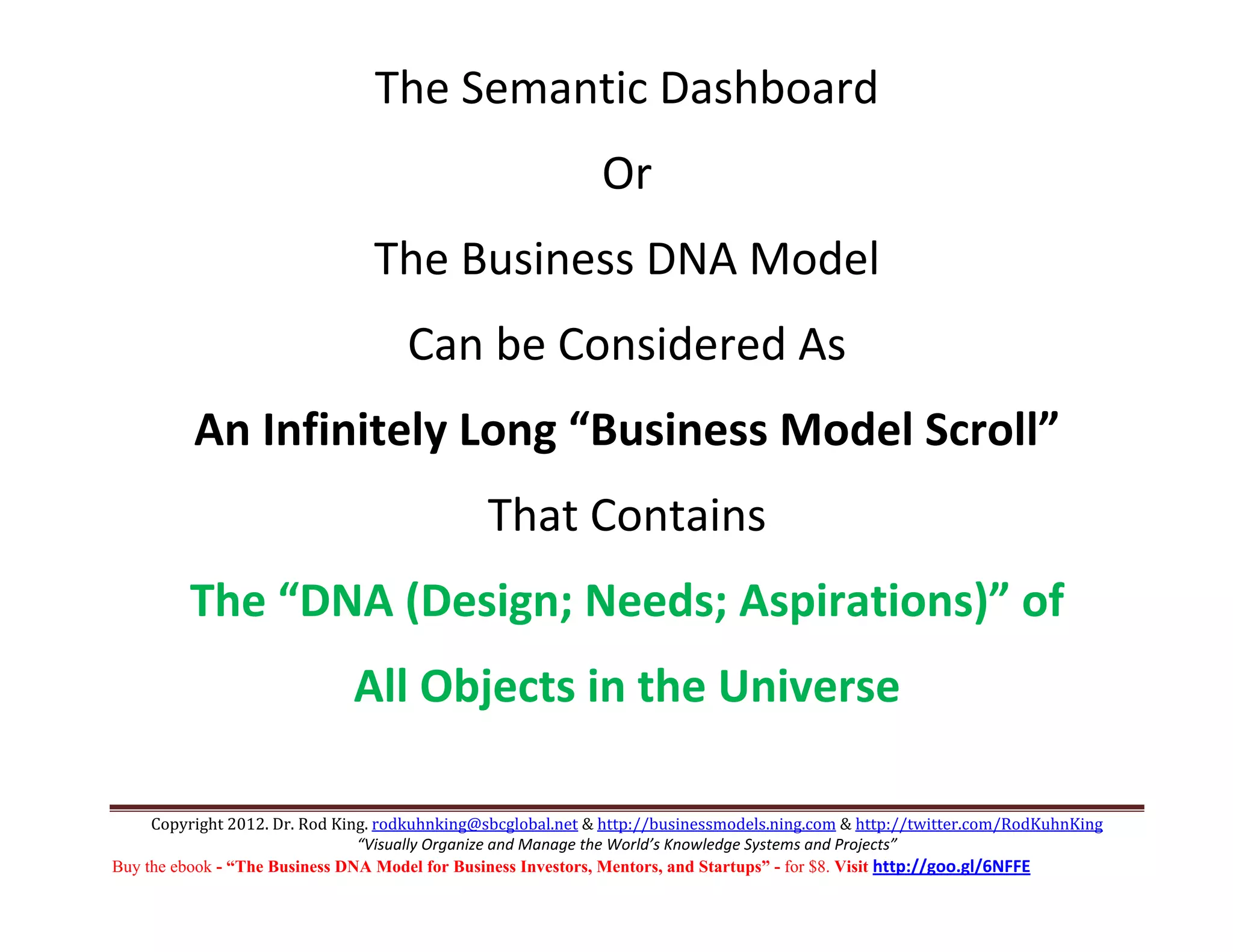 The Semantic Dashboard 
                                                              Or 
                                 The Business DNA Model 
                                     Can be Considered As 
          An Infinitely Long “Business Model Scroll” 
                                               That Contains  
         The “DNA (Design; Needs; Aspirations)” of 
                              All Objects in the Universe 
                                                                  
     Copyright 2012. Dr. Rod King. rodkuhnking@sbcglobal.net & http://businessmodels.ning.com & http://twitter.com/RodKuhnKing 
                                “Visually Organize and Manage the World’s Knowledge Systems and Projects” 
Buy the ebook - “The Business DNA Model for Business Investors, Mentors, and Startups” - for $8. Visit http://goo.gl/6NFFE 
 
